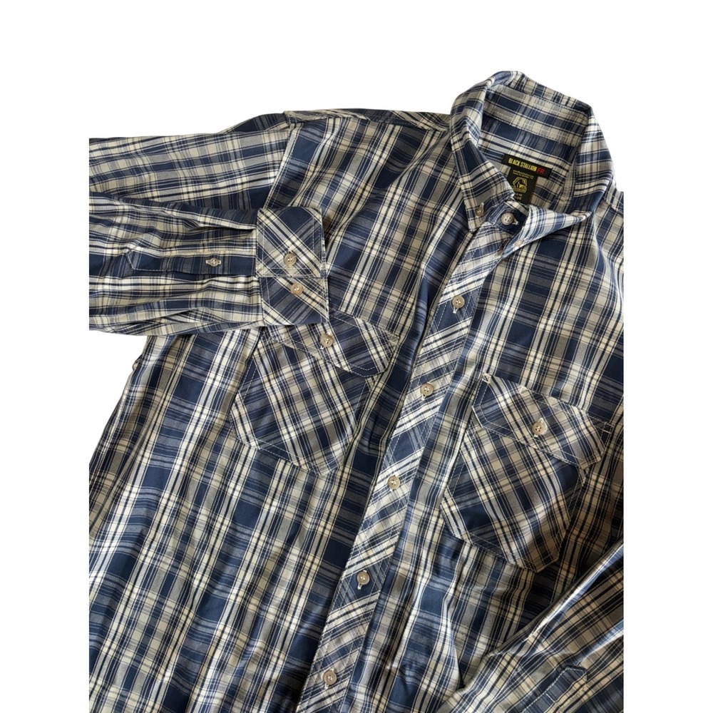 Black Stallion FR Work Shirt Large Blue Plaid Flame Resistant NFPA 2112 ARC 2